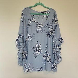 Roz & Ali Plus Size Navy Blue Striped Floral Statement Sleeve Blouse Sz 3X